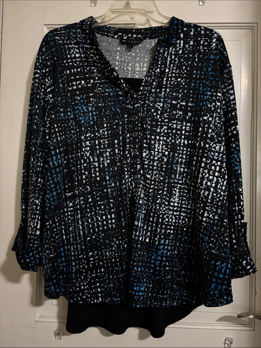 Button-Front Patterned Blouse in Black, Blue and White